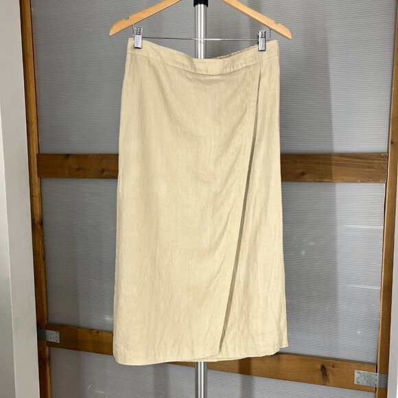 Eileen Fischer Tan 100% Linen A-Line Faux Wrap Midi Skirt‎ Sz S - Picture 1 of 12